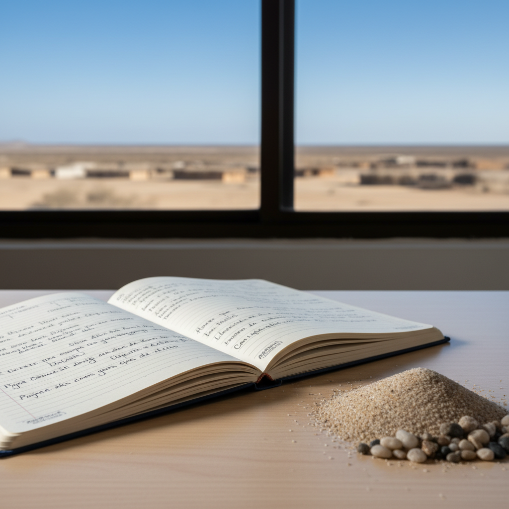 Una libreta de campo abierta con notas manuscritas y esquemas de proyectos comunitarios descansa sobre una mesa de madera clara, junto a un pequeño montículo de arena fina y piedras de la Alta Guajira. Al fondo, a través de una ventana amplia desenfocada, se distingue el horizonte árido de Uribia con rancherías distantes y un cielo azul profundo. Luz suave de mañana ilumina las páginas, resaltando su textura y los trazos de tinta. Toma fotográfica en composición de regla de tercios, con profundidad de campo media. La escena transmite planificación, reflexión estratégica en educación y desarrollo territorial, y compromiso profesional con la comunidad.